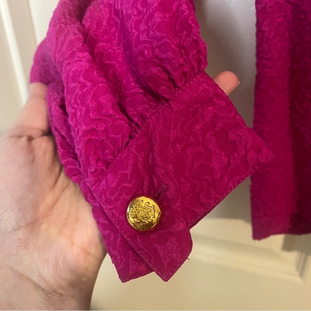 Vintage Silk Hot Pink Button-Up Statement Shoulder Barbiecore Long Sleeve Blouse - Picture 9 of 14